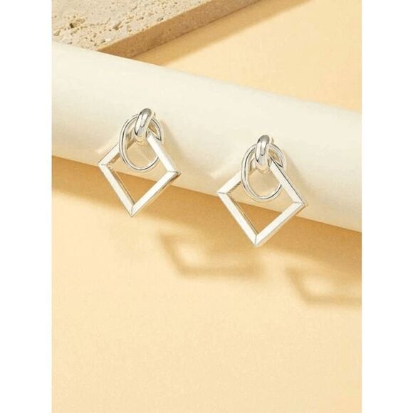 SILVER SQUARE HOOP GEOMETRIC DANGLE EARRING - Picture 2 of 4